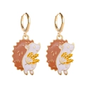 Detail of hedgehog earrings with gold wheat accent and colorful enamel finish - Hedgehog with Wheat (JE1117E)