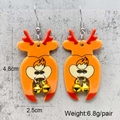 Detail view of acrylic reindeer earrings with golden bells and product dimensions - Cartoon Reindeer Design (JE1492G)