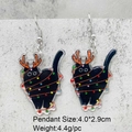 Detailed view of acrylic Christmas cat earrings with colorful lights and dimension info - Antler Christmas Black Cat Style (JE1511C)