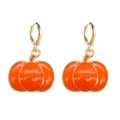 Detailed macro view of orange pumpkin enamel drop earrings with golden metal ring hooks - Orange Pumpkin Shape Style (JE1517G)