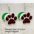 Kerst oorbellen met pootafdruk in rood-zwart ruitpatroon en groene kerstmuts - Rood Ruit Kattenpoot Met Groene Muts Stijl (JE1520B)