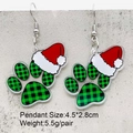 Kerst oorbellen van acryl met kattenpoot in ruitpatroon en een rode kerstmuts erop - Groen Ruit Kattenpoot Met Rode Muts Stijl (JE1520A)
