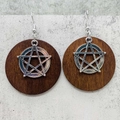 Detailed view of vintage wooden dangle earrings with silver star pendants on stone surface - Silver Pentagram Style (JE1542G)