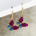 Sparkly butterfly drop earrings with purple and blue glitter on gold metal ear hoops - Blue and Purple Glitter Butterfly Style (JE1549G)