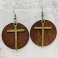 Retro wooden round drop earrings with bronze metal cross charms on stone background - Bronze Cross Style (JE1081C)