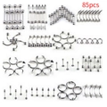 85-piece stainless steel body piercing set including nose, tongue, and belly rings - 85 Pieces (JE0187A-85)