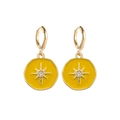 Detail of gold octagon earrings with bright yellow enamel and sparkling center starburst - Yellow Star Octagon Style (JE1572D)