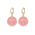 Detail of pink enamel starburst earrings with sparkling center stone and gold hoops - Pink Star Round Style (JE1572E)