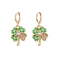 Golden clover earrings with green checkered enamel patterns and white pearl center - Clover Rhinestone Artificial Pearl Style (JE1572F)
