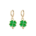 Golden earrings with green clover enamel pendants on a clean white background - Green Clover Style (JE1572G)