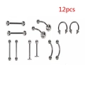 12pcs stainless steel body piercing set including barbells and rings for ears and lips - 12 Pieces (JE0187F-12)
