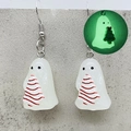 Luminous ghost with Christmas tree earrings featuring green glow-in-the-dark resin effect - Ghost Embracing Xmas Tree (JE1506R)