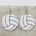 Close-up of lightweight wood volleyball earrings with white base and silver fish hooks - White Volleyball Style (JE1575F)