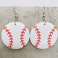 Close-up of baseball wooden earrings with red stitching details and silver hooks - White Baseball Style (JE157)