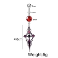 Detail view of steel navel ring with a red gemstone and a dangling cross charm - Vintage Cross Style (JE1578A)