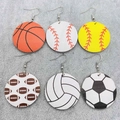 Retro wooden round sports ball earrings featuring football basketball and baseball patterns - 6-Pair Full Style Set