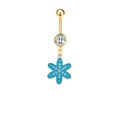 Gouden navelpiercing met een blauwe emaille sneeuwvlok hanger en sprankelende zirkoon - Blauwe Emaille Sneeuwvlok Stijl (JE0689Q)