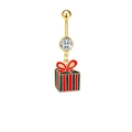 Gouden kerst navelpiercing met een rood en groen geëmailleerde geschenkdoos hanger - Rood en Groen Gestreepte Cadeaubon Stijl (JE0689W)