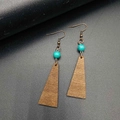 Macro shot of vintage wooden earrings with turquoise beads and bronze hooks - Trapezoid With Turquoise Bead Style (JE1552H)