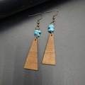 Detail of vintage wooden earrings with turquoise pendants and retro metal hooks - Trapezoid With Irregular Blue Stone Style (JE1552J)