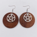 Retro wooden drop earrings with silver pentagram charms in bohemian vintage style - Silver Hollow Pentagram Style (JE1301A)