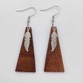 Ethnic style wooden earrings with silver metal feather charms and trapezoid panels - Silver Feather Wood Block Style (JE1301B)