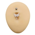Detailed view of silver butterfly belly ring with AAA zircon drop on a silicone model - Butterfly Teardrop Style (JE1616O)