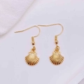 Close-up of golden shell drop earrings with detailed textures and elegant fishhook wires - Shiny Golden Striped Shell (JE1614X)