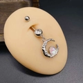Detailed view of silver stainless steel crescent moon belly ring with opal stone - Silver Opal Crescent Moon Style (JE1333C)