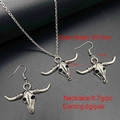 Detailed view of bull skull jewelry set with necklace and earrings size measurements - Necklace / Antique Silver Bull Skull Style