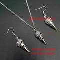 Macro detail of gothic vintage silver bird skull pendant necklace and earrings set - Necklace / Antique Silver Short Beak Bird Skull