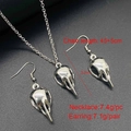 Detailed view of silver bird skull necklace and earrings set with size and weight specs - Antique Silver Classic Bird Skull