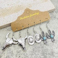 Vintage-Silber-Ohrring-Set mit Stier-Schädel, Kaktus und Türkis-Steckern - 3 Paare Pro Set / Stierkopf- und Kaktusstile (JE1311D)