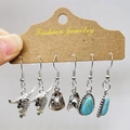 Set di orecchini stile cowboy argento con teschio di toro e ciondoli in turchese - 3 Paia Per Set / Stili Testa di Toro e Cappello da Cowboy (JE1311E)