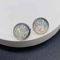 Boucles d'oreilles rondes 12mm en acier inoxydable argenté avec cristaux scintillants - Style Blanc Iridescent (JE1624G)