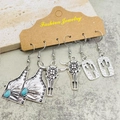 Set di orecchini vintage in argento stile cowboy con turchese, teschio e cactus - 3 Paia Per Set / Stili Svuotati Testa di Toro e Cactus (JE1311G)