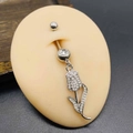 Silver stainless steel belly button ring with tulip pendant and sparkling rhinestones - Silver Rhinestone Tulip Style (JE1615G)
