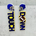 Détail de boucles d'oreilles football en acrylique avec casque à paillettes et texte - Style Casque de Football à Paillettes Jaune Bleu (JE1535D)