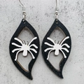 Halloween wooden drop earrings with black leaf frame and white spider motif charms - Spider Style (JE0988E)
