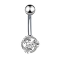 Silver belly button ring featuring a three-stone zircon flower pendant with a curved bar - Three-Diamond Spin Style (JE0428R)