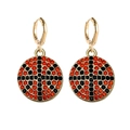 Close-up of golden sports earrings with red and black rhinestones in a cross pattern - Red And Black Pattern (Rhinestone Style) (JE1663G)