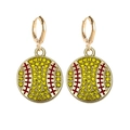 Macro detail of gold baseball hoop earrings with yellow rhinestones and red stitching - Yellow Softball (Rhinestone Style) (JE1663C)