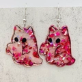 Roze kat-geest oorbellen van acryl met glanzende lovertjes en zilveren haken - Kattenvorm Stijl B (JE1417B)