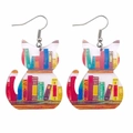 Boucles d'oreilles chat en acrylique avec motif bibliothèque coloré pour enseignants - Style Silhouette Chat Bibliothèque (JE1212A)