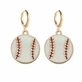 Golden hoop earrings featuring white enamel baseball dangles with red stitching details - White Baseball (Enamel Style) (JE0666G)