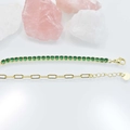 18k gold plated bracelet set with 3mm green zircon tennis chain and paperclip chain link - Total Length 20cm / White Gold - Green Zirconia