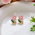 Pendientes de perlas vintage estilo francés con flores de esmalte rosa y borde dorado - Estilo de Perla Artificial Floral Rectangular Rosa