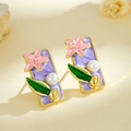 French vintage purple enamel flower earrings with pearls and gold plating details - Stud Earrings / Purple