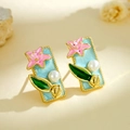 French vintage rectangular flower stud earrings with pink enamel and a small pearl accent - Stud Earrings / Blue