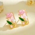 Pink enamel rectangular flower earrings with pearls and gold floral accents - Stud Earrings / Pink